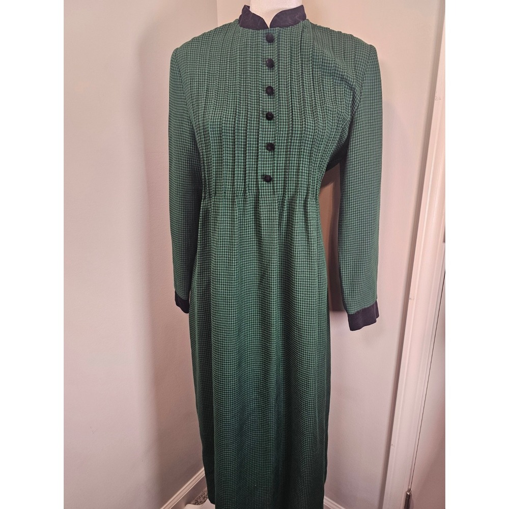 Miss Dorby Vintage Green Houndstooth Maxi Dress Long Sleeve Mock Neck Size 8